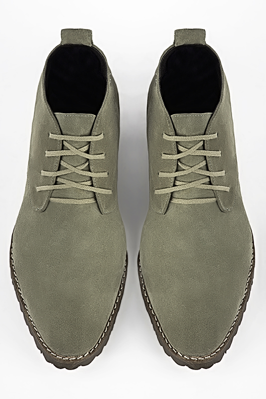 Khaki green dress ankle boots for men. Round toe. Flat rubber soles. Top view - Florence KOOIJMAN